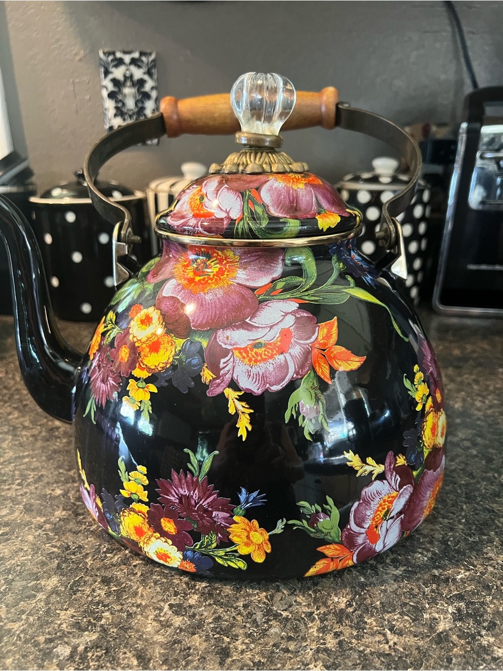 Black Floral Enamel MacKenzie-Childs Teapot with Glass Knob Retired